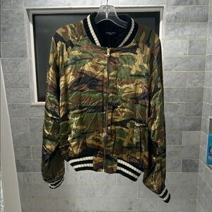 Michael Lauren silky camo bomber zip up jacket women’s size large knit trim